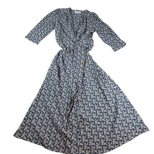 In April 1986 Womens M/L Blue Floral Wrap Midi Dress 3/4 Sleeve V-Neck